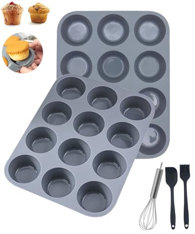 Cartlant 2 Pack Silicone Muffin Trays Baking Yorkshire Tins with Whisk Spatula Oil Brush, 12 Cup Deep Cake Tray for Oven Non Stick, Individual Cupcake Mould Pudding Bun Cases Bakeware Set, BPA Free