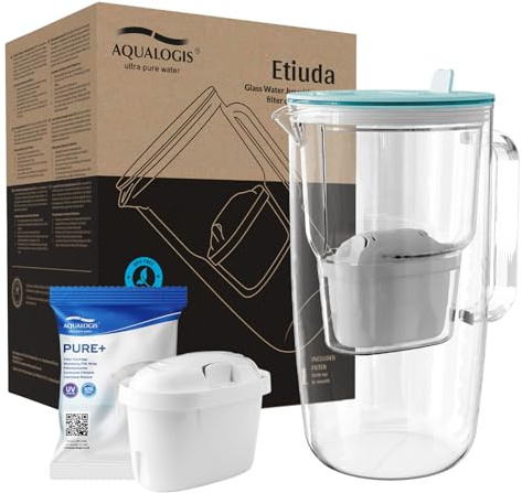 Aqualogis Etiuda 2.9L | Carafe Filtre à Eau en Verre Premium | avec 1 Cartouche Pure+ | Bleu Clair | Réduit les odeurs et le goût désagréables