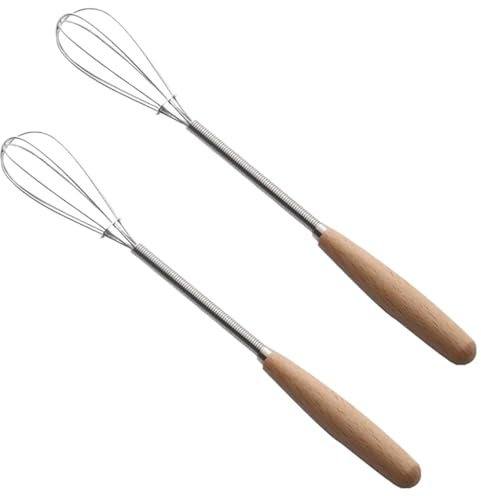 CGTQROVR Tiny Witch 2pcs 8 Long Mini Fouet avec poignée en Bois sans bâton en Acier Inoxydable et Idéal pour la Cuisson du Ballon à Main Multi-Fonction idéal pour Le Restaurant à Domicile