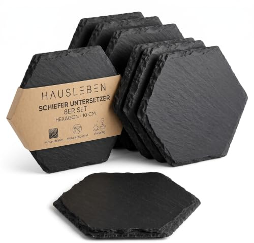 hausleben Schiefer Untersetzer für Getränke 8er Set - Hexagon 10 cm | Getränkeuntersetzer, Schieferplatten mit Anti-Kratz Füßen für Gläser, Tassen & Bar – Tischdeko für Küche, Büro & Wohnzimmer