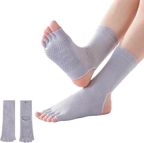 CoziSox 2 Paia Calzini Yoga Antiscivolo Donna 5 Dita Punta Aperta, Calze Pilates Donna Antiscivolo con Tallone Aperto in Cotone Traspirante per Yoga Fitness, Taglia Unica EU 35-42, grigio.