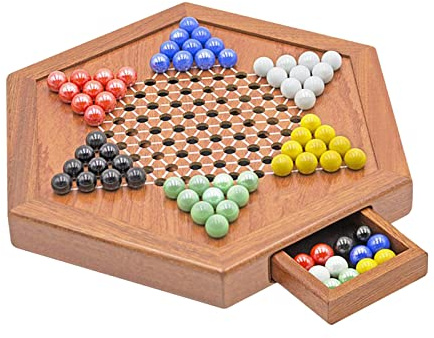 Classic Wooden Chinese Checkers 12 Inches with Drawers Halma Board Game Beads Family Multiplayer Strategy Game