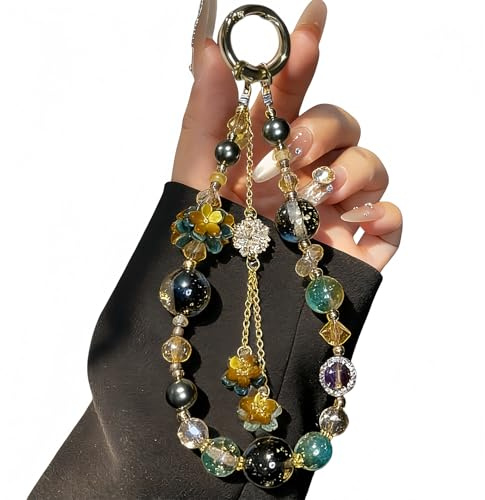 LY&SASIF Phone Charm Retro Colored Bead Flower Pendant cellphone Chain, Niche and Beautiful Keychain Bag Pendant Luxury Bling Diamond Glitter Beaded Phone Lanyard