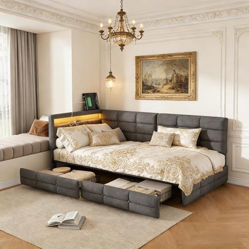 PerGar L-förmiges Polsterbett 90x200 cm mit LED-Beleuchtung & USB-Ladefunktion, Eckbett aus Leinen mit Schublade, Modernes Jugendbett & Tagesbett für Ecken, Grau (Feste Ausrichtung)