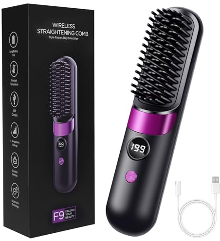 LOPHE Glättbürste, 2 in 1 Haarglätter Bürste mit LED Display, Hair Straightener Kabellos und Verbrühungsschutz, Wiederaufladbare Glättungsbürste für Zuhause und Salon, 140℃–199℃, Schwarzviolett