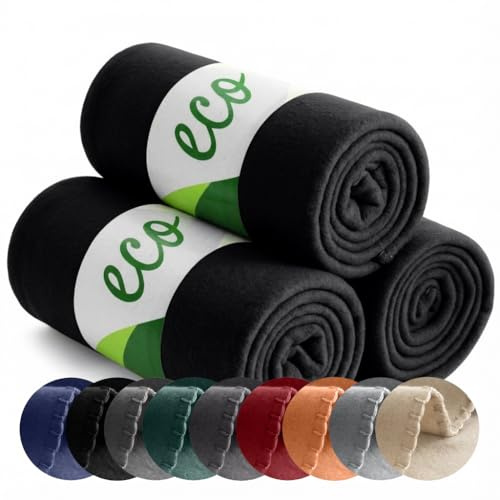 wometo Lot de 3 couvertures polaire ECO 100 % recyclées - Matériau : 130 x 160 cm - Noir | Certifié Öko-Tex : environ 400 g - Matériau 100 % recyclé - Avec anti-boulochage et bord passepoilé - Lot pratique de 3