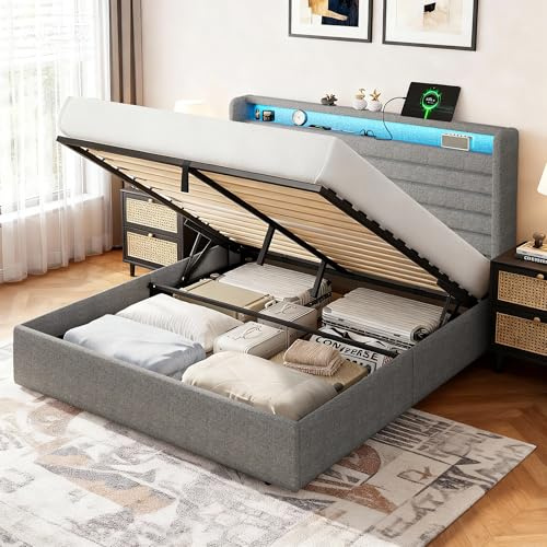 Feonase Bett 160x200 mit Stauraum Kopfteil & Hydraulischem Stauraum, Polsterbett 160x200cm Doppelbett mit Leinen Kopfteil, Bettgestell mit Lattenrost, Ohne Matratze, Hellgrau