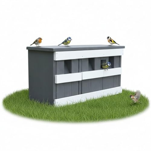 Melko Nistkasten Vogelhaus 3 Kammern für Spatzen und Meisen 44x15,5x21,5 cm | für Koloniebrüter und Sperlinge, aus Holz, je Brutkammer eine Reinigungsöffnung, Aufhängung mit Metallverstärkung, Grau-Weiß