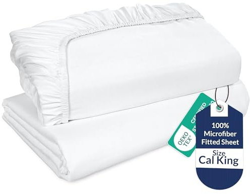 Royale Linens 2 Pack Fitted Sheet - Elastic Sheets - California King Fitted Sheet Only - Soft & Breathable - 1800 Microfiber - Stain Resistant- Hotel Quality Deep Pocket Up to 16 (Cal King, White)