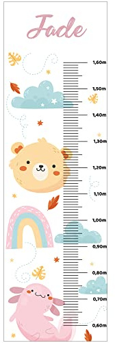 Personalisierbare Messlatte für Kinderzimmer, Motiv: Tiere und Regenbogen, 130 cm.