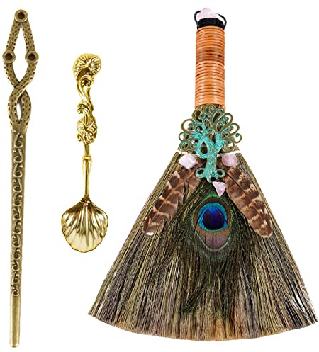 Soulnioi Mini balai de sorcière avec plume et cristal Wiccan Autel Brosse en cristal Décoration de cérémonie magique Améthyste Cuillère à café rétro Sceptre pour cérémonie magique/rituelle