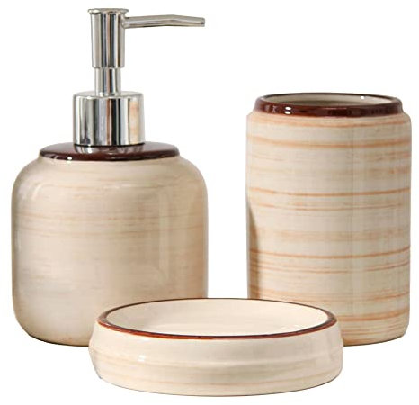 Bad-Accessoires-Set aus Keramik, 3 Teilig: Seifenschale, Seifenspender, Becher (beige)