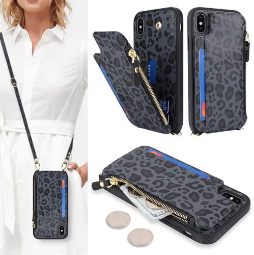SailorTech Handyhülle für iPhone X Etui mit Kartenfach, iPhone XS Hülle mit Verstellbarer Halskette, iPhone X/XS Handytasche mit Reißverschluss Geldbörse - Schwarzer Leopard