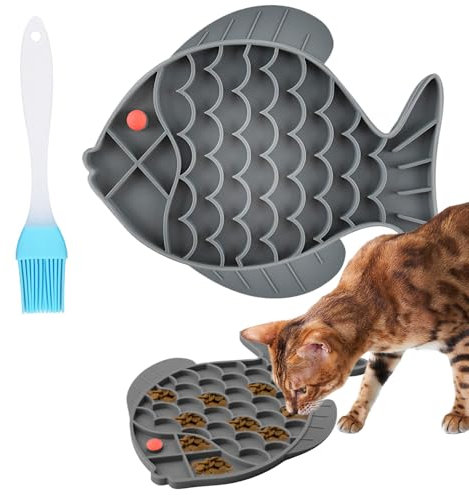 Slow Feeder Cat Bowl Puzzle Feeder for Cats and Puppies - Fish Plate Gray With Brush - Blue (Gray)