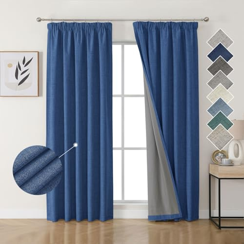 Joydeco Cortinas Opacas de Lino 100% con Cinta Fruncida, Juego de 2 Unidades, 214 x 132 cm, Color Azul Marino, térmicas, protección contra el frío, Opacas, protección acústica, Ideal para salón, se