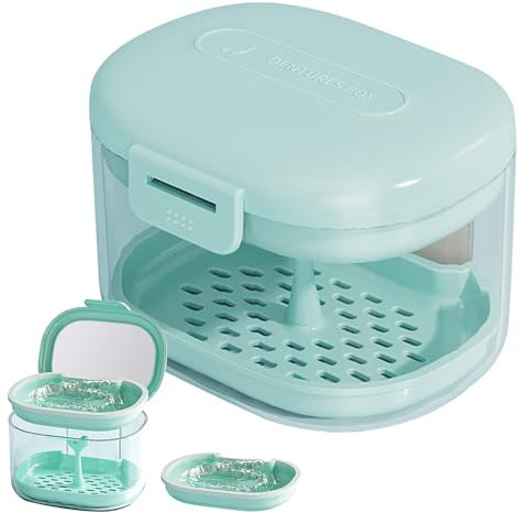 Dzmuero Boite Appareil Dentaire, Boite Gouttiere Dentaire avec Tamis et Miroir, Multifonction, Portable Boite a Dentier Adulte pour le Nettoyage et Rangement des Prothèses Dentaires (vert)