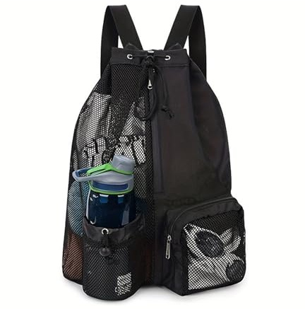 Yiortbe Mochila de playa ultraligera y plegable de malla. Bolsa de natación con cordón ajustable. Bolsa deportiva unisex impermeable, ideal para playa, ciclismo y natación. Negra.