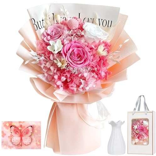 Ewige Rose Blumenstrauß mit Vase Konservierte Blumen Bouquet mit Geschenktüten und Grußkarten Geschenk für Valentinstag, Jahrestag, Geburtstag, Muttertag für Ehefrau, Mutter