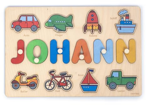 CRAFTNEZ Personalisiertes Namenspuzzle aus Holz – Montessori Steckpuzzle mit Wunschname & Motiven Geburt, Taufe & 1. Geburtstag – Lernspielzeug ab 1 Jahr - Made in EU
