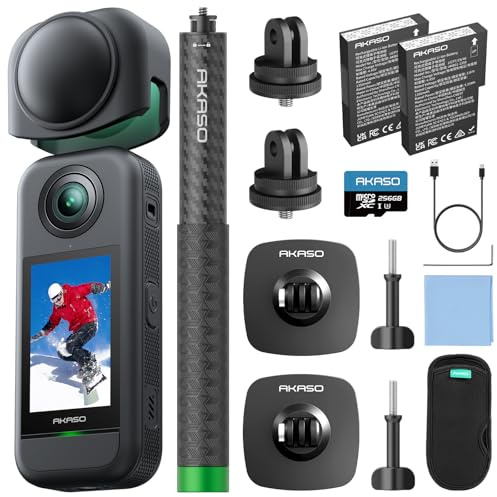 AKASO 360° Action Cam Ski-Set - 5.7K 72MP 360 Grad Actionkamera mit 256GB Speicherkarte Duale 1/2 48MP Sensoren, 2.29'' Touchscreen, Unsichtbarer Selfie Stick, 360° Horizon Lock und AI-Verfolgung