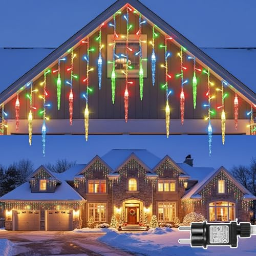 PLODAXE Eiszapfen Lichterkette Außen, 3.5m 96 LED Eiszapfenlichterkette Bunt und 5m Strom Kabel mit Timer Anschließbar 8 Modi Speicher, IP44 für Balkon Geländer Traufe Dach Weihnachtsdeko