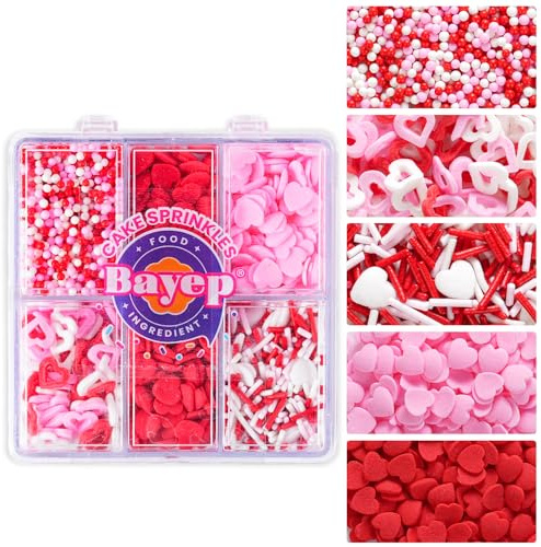 Valentinstag Zuckerstreusel 80g - Essbare Streusel Deko mit Roten & Rosa Herzchen - Bunte Mischung mit Nonpareils & Jimmies für Kuchen, Kekse, Cupcakes, Torten