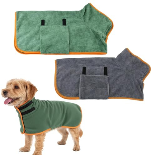 PjuQow Hundebademantel Kleine Hunde, Hunde Bademantel, Schnell Trocknender Hundebademantel Mit Klettverschluss, Hundehandtuch Extra Saugfähig Für Baden Schwimmen Regen, Zwei Stück Grau Grün