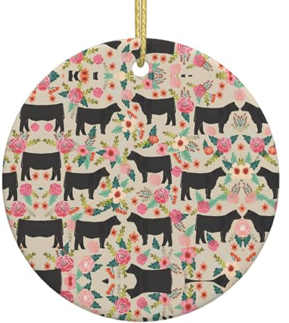 Colgante redondo de cerámica para colgar en árbol de Navidad, diseño de vacas de buey y flores, color rosa, decoración del hogar