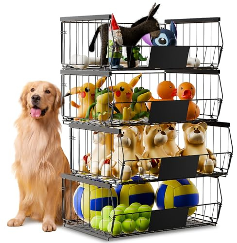 FLYVOLE Pull-Out Cupboard Organiser 4 Pack, Stackable Metal Storage Baskets with Smooth Sliding Rails, Kitchen Cabinet Drawer Rack for Pantry, Under Sink & Wardrobe Storage (Black)