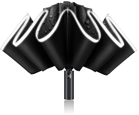 MinYuocom Parapluie pliant à 10 côtes Coupe-vent UPF 50+ 99% Protection UV Ouverture/fermeture automatique Bande de sécurité réfléchissante compacte Parapluies portables Noir M1427B