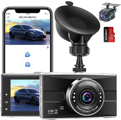 APP Dashcam Auto Vorne und Hinten,Dual Autokamera Mit WiFi,2.5K QHD+1080P FHD,Nachtsicht,WDR,170°Weitwinkel,Parküberwachung,wasserdichte Rückfahrkamera,G-Sensor, Loop-Aufnahme
