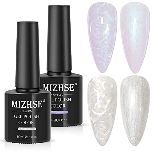 MIZHSE Pearl Gel Nagellack Set - 2 Farben UV Nagellack Weiß Pearl Effect Spirale Schimmer Effekt Gels Nail Polish mit Thread Shell Nagel Maniküre UV/LED Soak Off Pearls Set