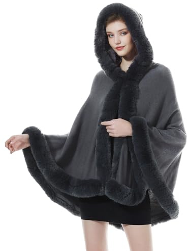 BEAUTELICATE Capa con Capucha de Punto Cárdigan Mujer Invierno Chal de Piel Sintética Estola de Poncho Lana Abrigo Boleros para Bodas Fiesta Navidad （Gris Oscuro）