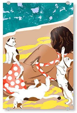 artboxONE Acrylglasbild 30x20 cm Tiere Katzenmama am Strand Bild hinter Acrylglas - Bild Frau Boho eklektisch