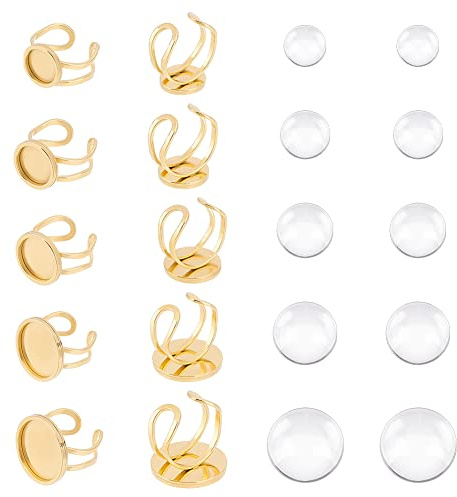 UNICRAFTALE 10 Sets DIY Manschetten Fingerring Rohlinge Goldene Offenes Manschetten Ringe Lünetten Tablett US Größe 8201 Edelstahl Cabochon Ringbasen Mit Glas Cabochons Für Ringherstellung