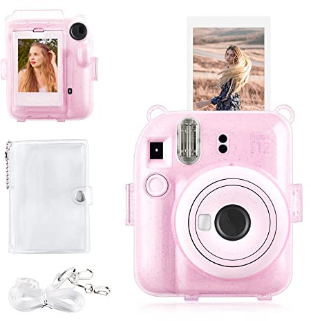 Rieibi Housse pour Instax Mini 12 - Étui à Paillettes pour Appareil Photo Instantané Fujifilm Instax Mini 12 avec Poche Photos Arrière, Bandoulière Transparente et Mini Album Photo - Rose