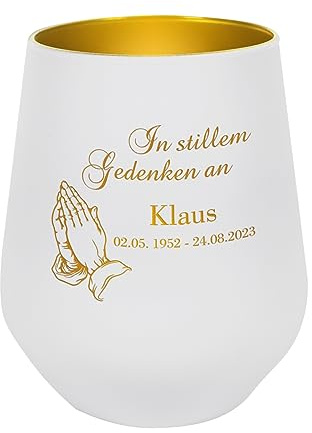 private grief Teelichthalter für Trauernde - Betende Hände - mit Namensgravur (Weiß)