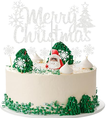 Silver Merry Christmas Cake Topper Snowflake Cupcake Toppers Silver Glitter Holiday Xmas Cake Picks Decorations for Christmas Party Supplies