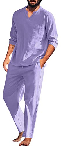 Duohropke Tuta da uomo in lino, 2 pezzi, estiva, per il tempo libero, in lino, camicia e pantaloni da uomo, casual, da spiaggia, da uomo, per il tempo libero, per lo yoga, Lilla, S