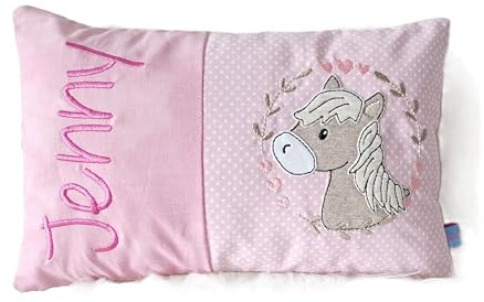 Personalisiertes Kissen zur Geburt und Taufe | Bestickt mit Namen und süßem Pony | Baumwolle (20cm x 30cm, Pony)
