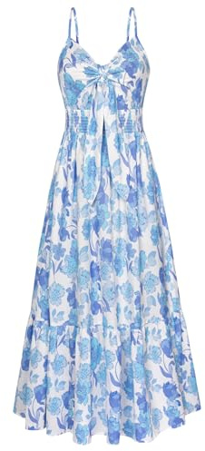 GRACE KARIN Womens Summer Floral Maxi Dresses 2026 Long Flowy Boho Dress Beach Vacation Sundresses Casual Clothes with Pocket White Blue Floral M