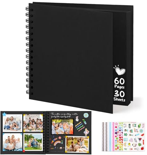 DazSpirit Album Photo Scrapbooking, 8-inch Album Photo Personnalisable, Carrée DIY Livre Scrapbooking avec 5 Autocollants, Livre d'or Anniversaire Photo pour Mariage et Bébés, Noir, 60 Pages