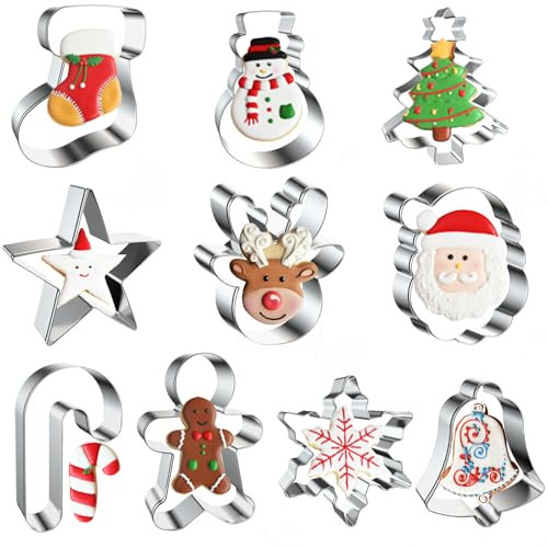 10 Pcs Christmas Cookie Cutter, Cookie Cutters, Biscuit Cutters Gingerbread Man Cutters Santa Claus,Stars,Snowmen,Christmas Stockings,Snowflakes,and Other Shapes, Making Christmas Cookies