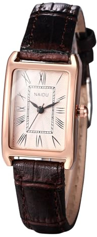 Avaner klockor dam läder rektangulär: armbandsur liten klocka PU klockarmband med romerska siffror vintage damklocka analog kvarts klocka för kvinnor, BRUN