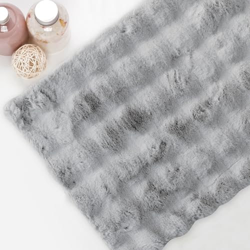 Comart - Flauschiger Teppich - Badezimmerteppich, Wohnzimmerteppich, Schlafzimmer - 45 x 75 cm - Maschinenwaschbar - rutschfest - Modern - Super Flausch - Ultra weich - mit 3D-Karo Design - Grau