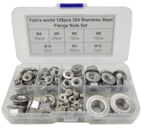 129Pcs Hex Flange Nuts Assortment Kit Stainless Steel 304(18-8) M3 M4 M5 M6 M8 M10 M12 Metric Hex Nuts