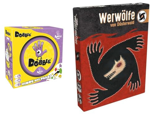 Zygomatic Dobble Classic, Eco-Sleeves, Kartenspiel, 2-8 Spieler, Ab 6+ Jahren, 15 Minuten + Werwölfe von Düsterwald, Grundspiel, Deduktionsspiel, 8-18 Spieler, Ab 10+ Jahren, 30+ Minuten, Deutsch