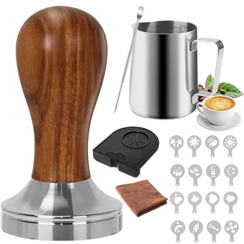 Atliberswo Coffee Tamper 51 mm Set, Espresso Tamper Accessories with 350 ml Stainless Steel Milk Jug and Latte Art Pen, 16 x Coffee Stencils, Espresso Tamper Mat, Cleaning Cloth