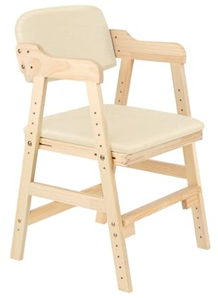 Chaise Haute Bébé en Bois, 6 Hauteurs Réglables Stable Chaise Supporte 90KG pour Enfants et Adultes, Chaise Haute Evolutive avec Coussin d'Assise, Assise et Repose-pieds Réglables (Beige)