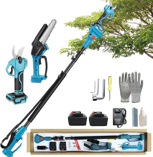 Scie à perche sans fil 4 en 1 de 8 pouces et sécateur électrique avec rallonge de 125 à 220 cm, avec 2 batteries 13 000 mAh, multi-angle pour la taille des branches d'arbres